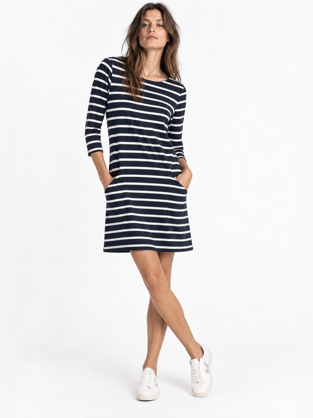 Lilla P Womens Navy White Stripe Shift Dress Small 3/4 Sleeve Fisherman Coastal